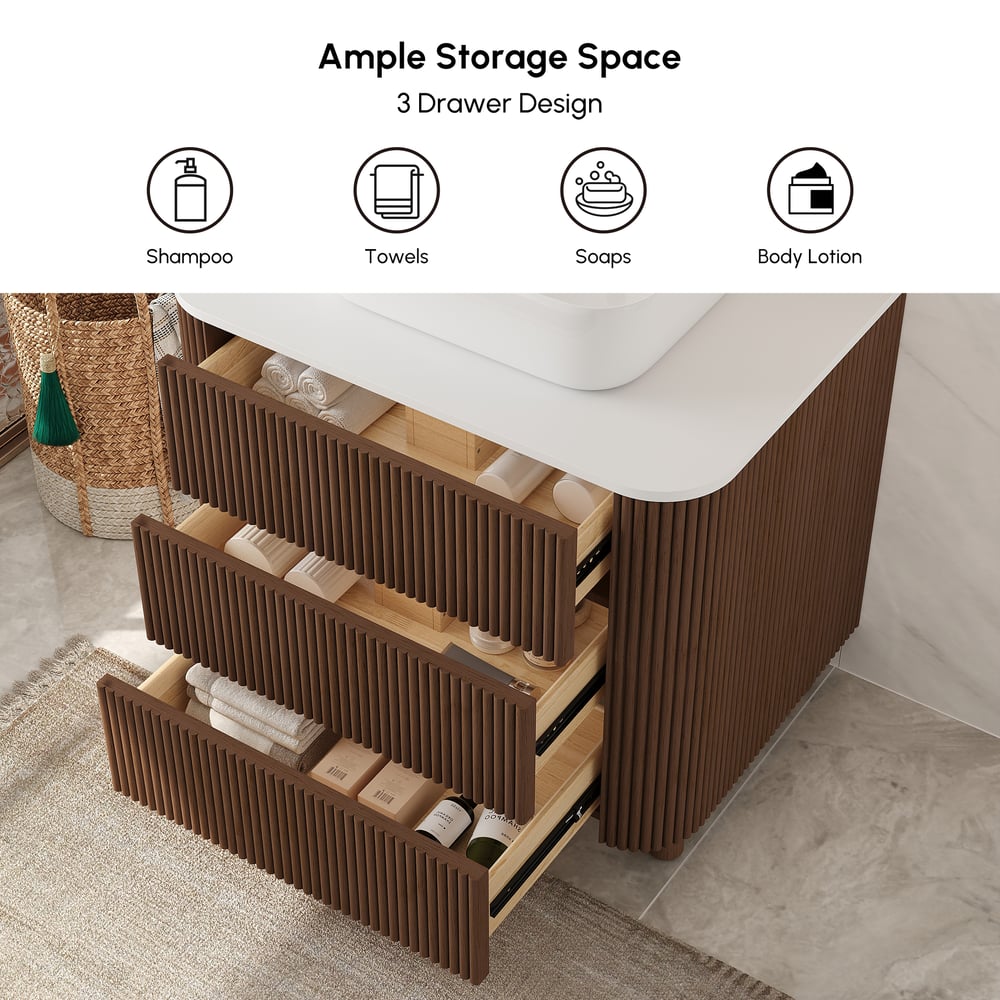 32" Fluted Freestanding Bathroom Vanity with Vessel Sink, 3-Drawers, Sintered Stone top