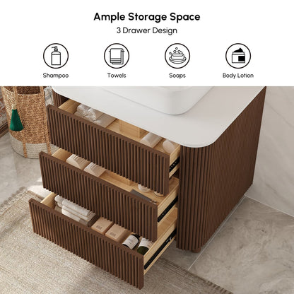 32" Fluted Freestanding Bathroom Vanity with Vessel Sink, 3-Drawers, Sintered Stone top