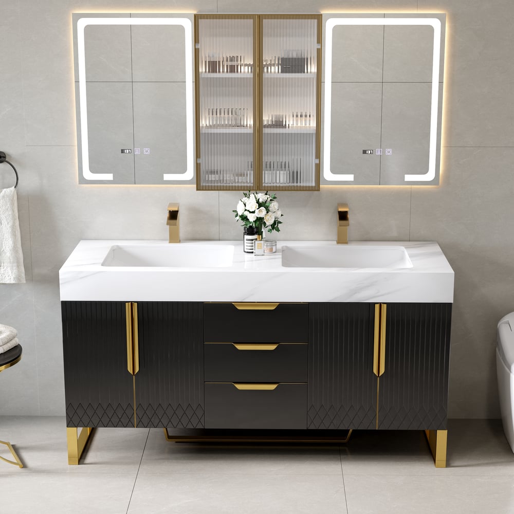 59" Double Sink Freestanding Vanity Set with LED Medicine Cabinet , Storage