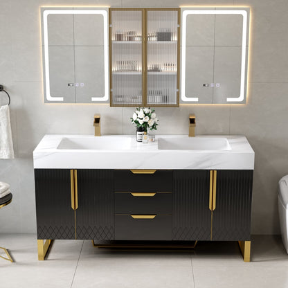 59" Double Sink Freestanding Vanity Set with LED Medicine Cabinet , Storage