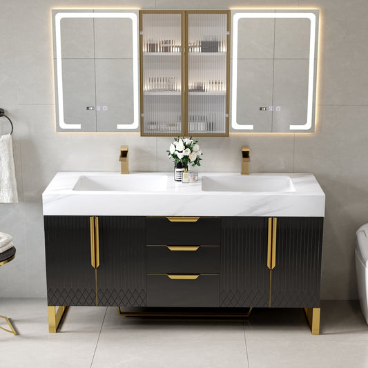 59" Double Sink Freestanding Vanity Set with LED Medicine Cabinet , Storage