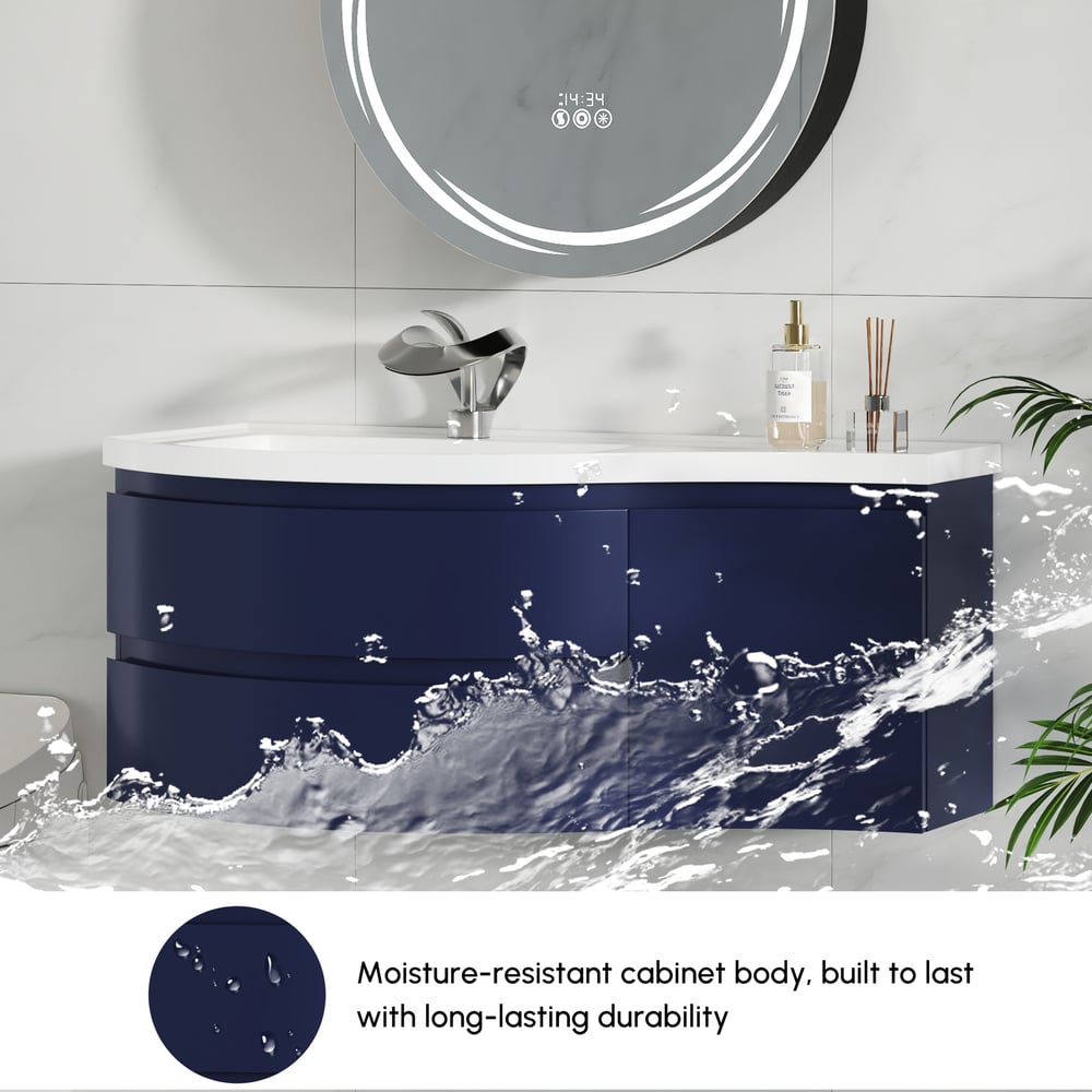 Floating Curved Bathroom Vanity & Round LED Medicine Cabinet Set Left Offset