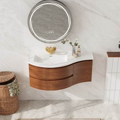 Floating Curved Bathroom Vanity in Walnut Left Offset & Round LED Medicine Cabinet Set