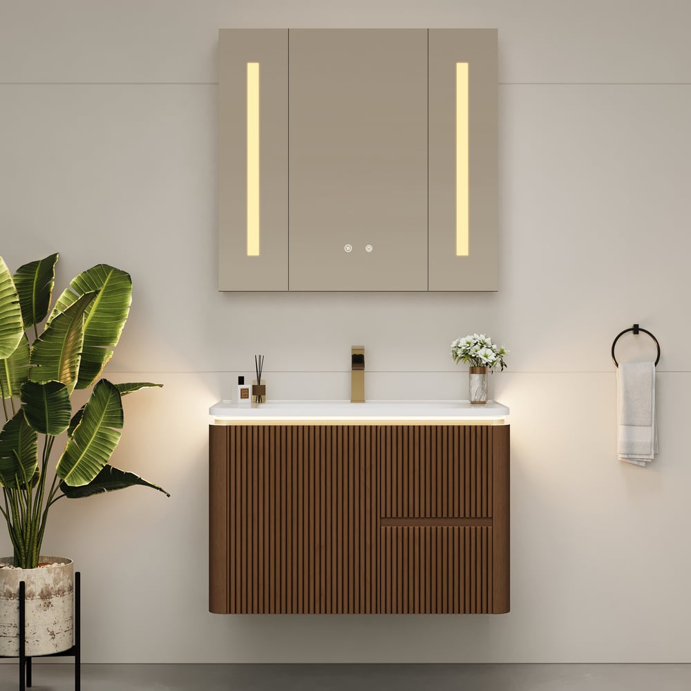 Modern  32" Floating Fluted Bathroom Vanity with Sink, Soft LED, Ample Storage