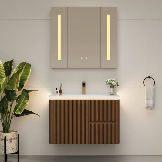 Modern  32" Floating Fluted Bathroom Vanity with Sink, Soft LED, Ample Storage