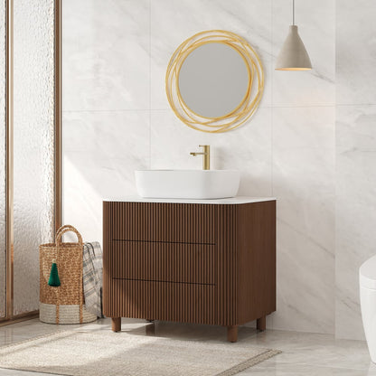 32" Fluted Freestanding Bathroom Vanity with Vessel Sink, 3-Drawers, Sintered Stone top