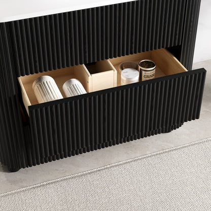 32" Fluted Freestanding Bathroom Vanity with Vessel Sink, 3-Drawers, Sintered Stone top