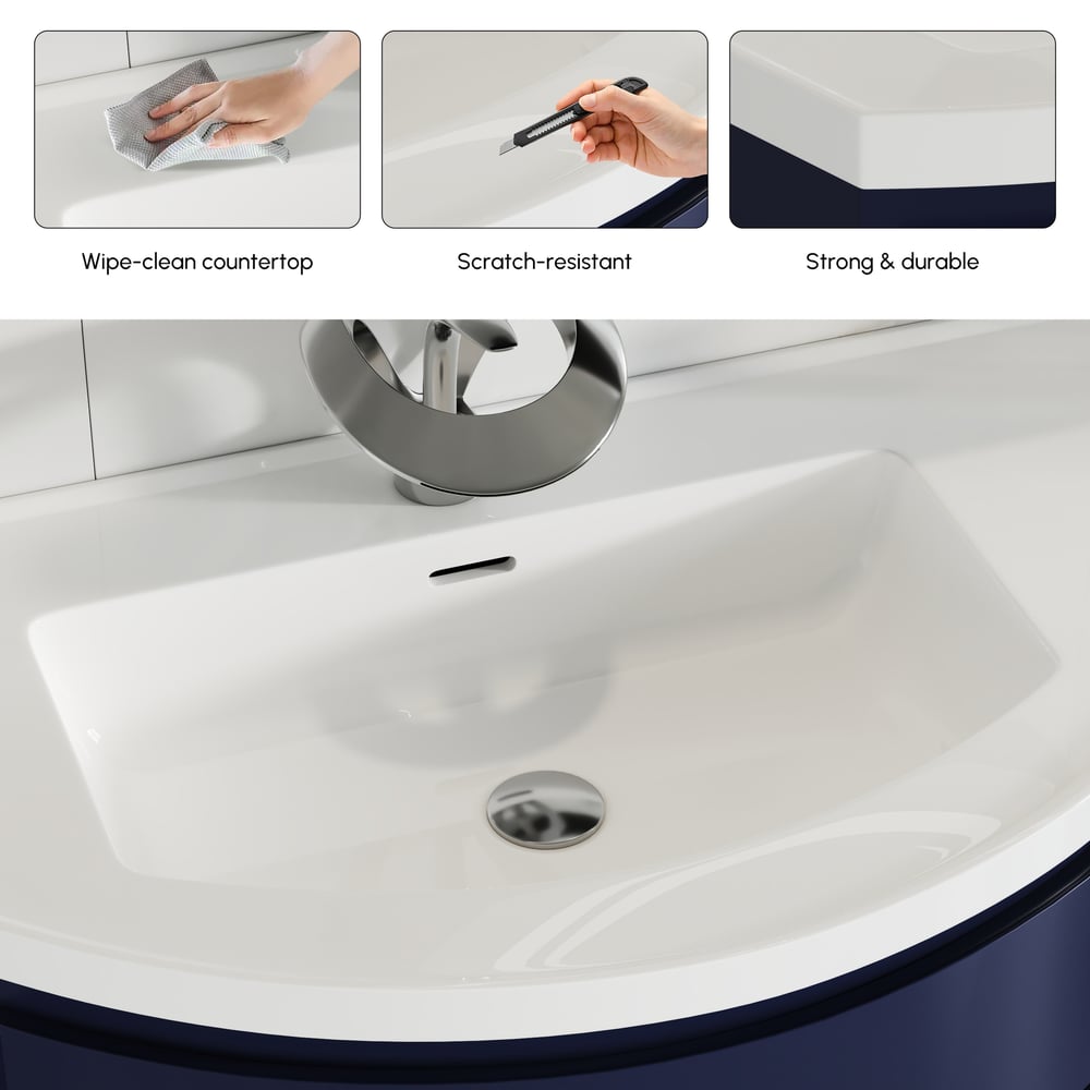 35" Navy  Floating Single Curved Bathroom Vanity with Sink & Storage