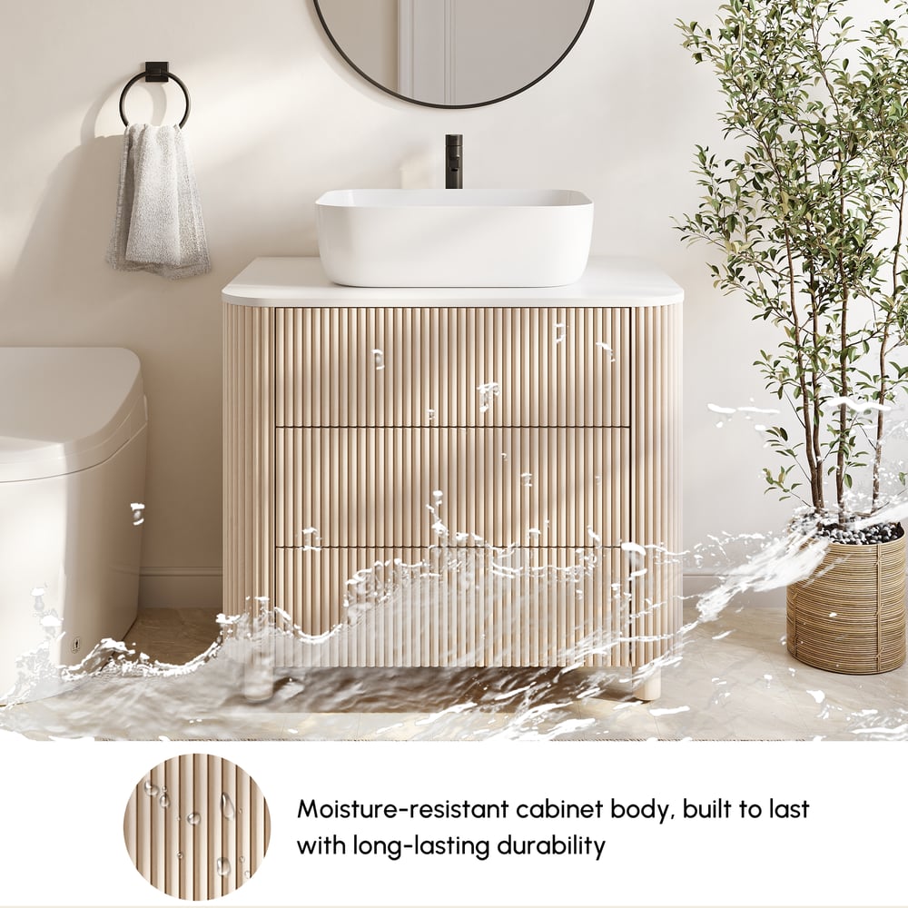 32" Fluted Freestanding Bathroom Vanity with Vessel Sink, 3-Drawers, Sintered Stone top