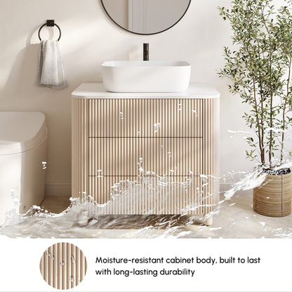 32" Fluted Freestanding Bathroom Vanity with Vessel Sink, 3-Drawers, Sintered Stone top