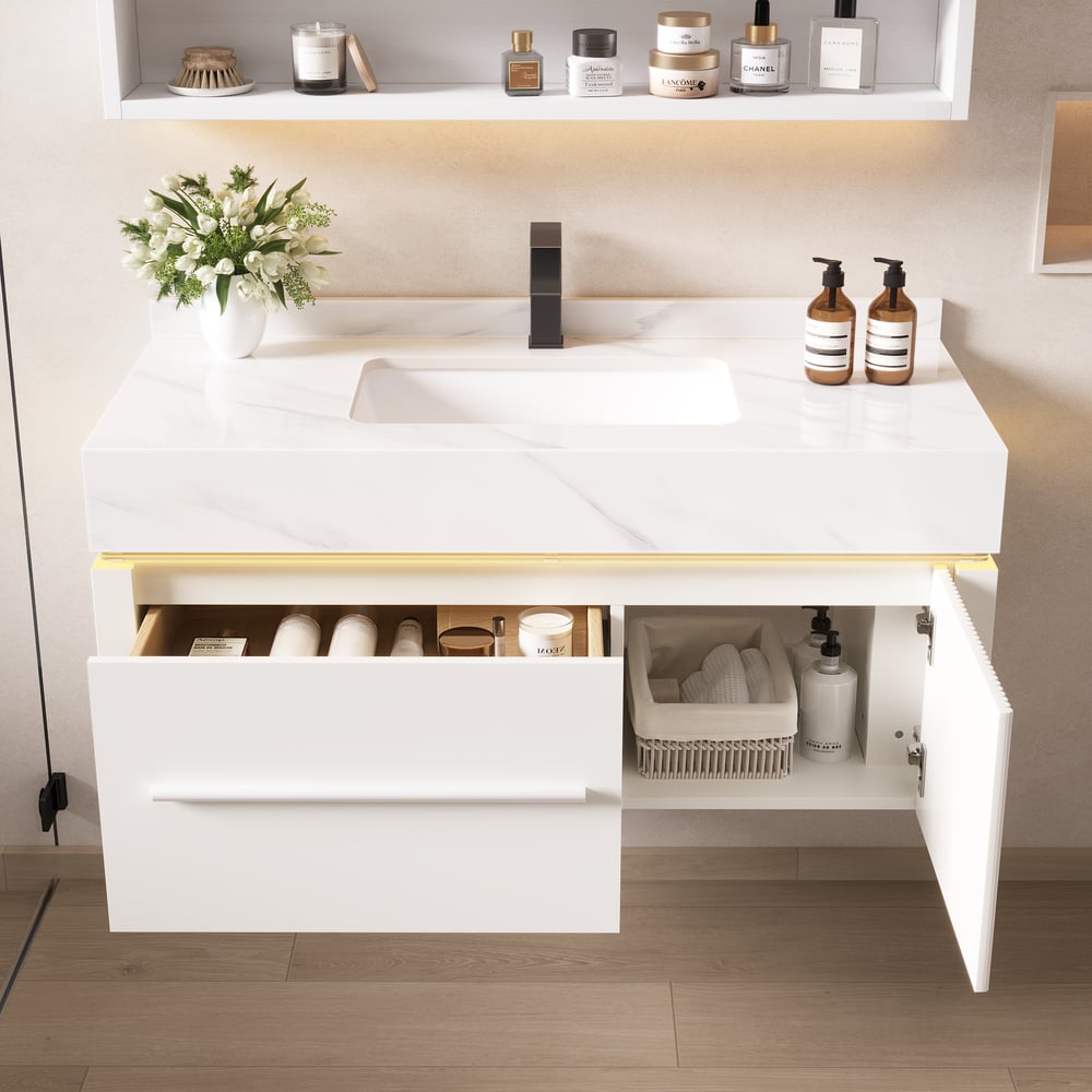 39.4" Wall-Mounted Bathroom Vanity with Sintered Stone Top, LED Sensor Light