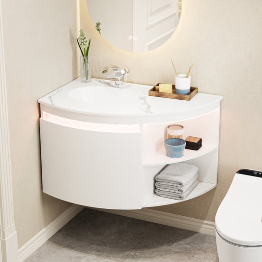 Modern 36" Corner Floating Single Bathroom Vanity with Sink, LED Light, Storage