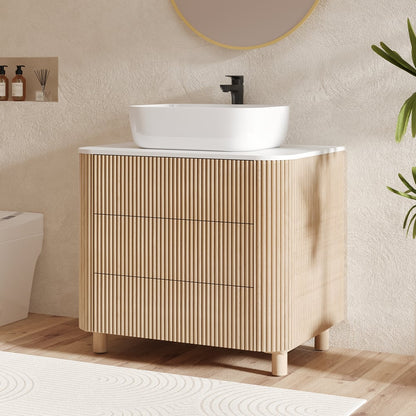 32" Fluted Freestanding Bathroom Vanity with Vessel Sink, 3-Drawers, Sintered Stone top