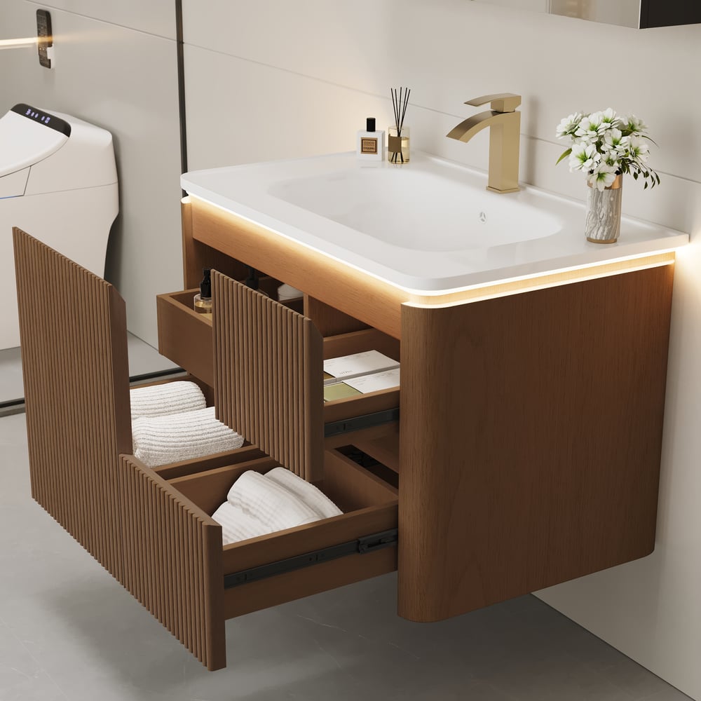 Modern  32" Floating Fluted Bathroom Vanity with Sink, Soft LED, Ample Storage