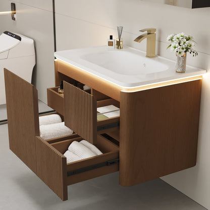 Modern  32" Floating Fluted Bathroom Vanity with Sink, Soft LED, Ample Storage