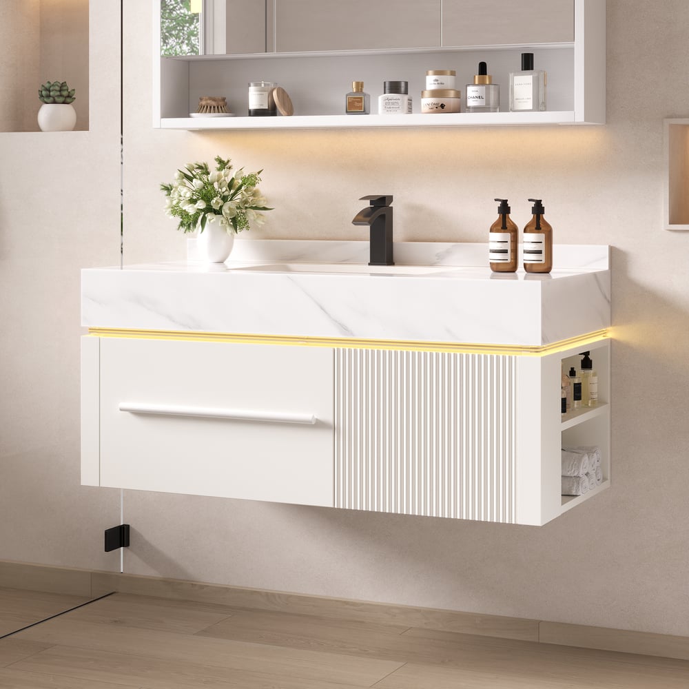 39.4" Wall-Mounted Bathroom Vanity with Sintered Stone Top, LED Sensor Light