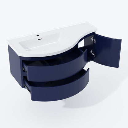 35" Navy  Floating Single Curved Bathroom Vanity with Sink & Storage