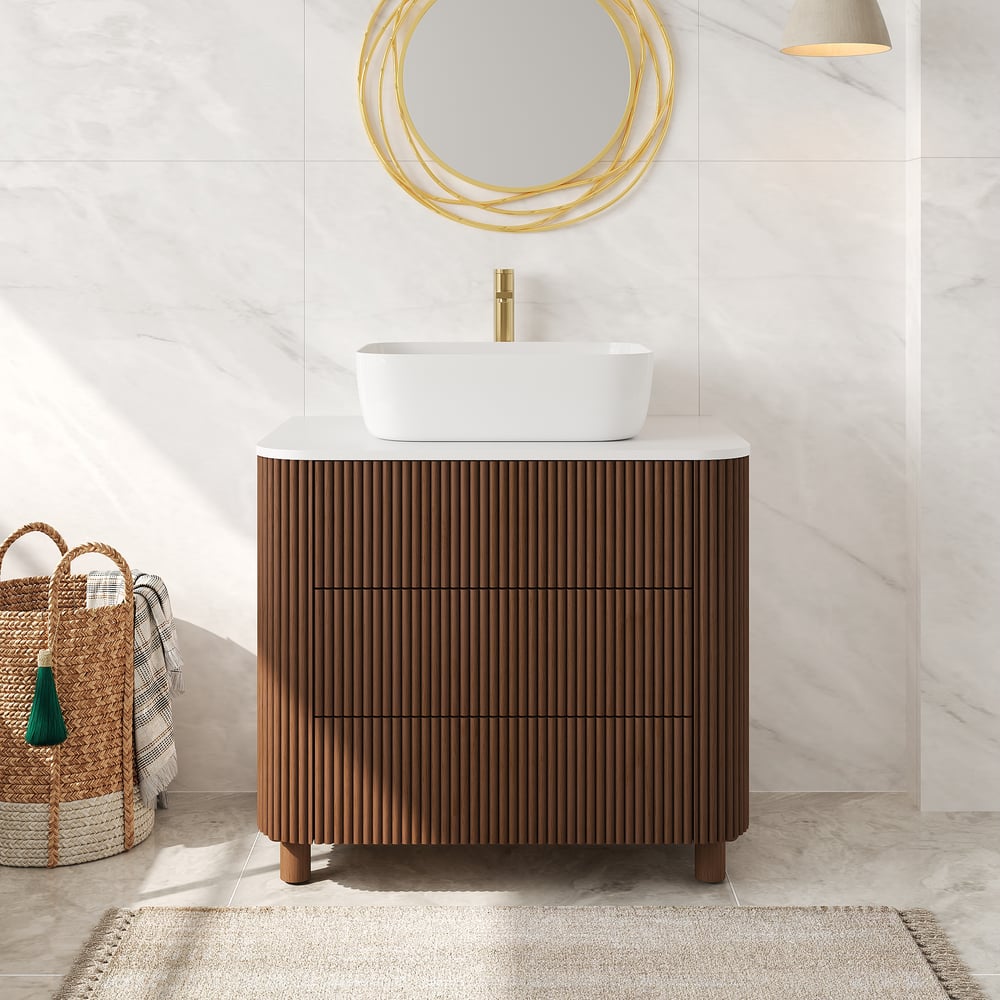 32" Fluted Freestanding Bathroom Vanity with Vessel Sink, 3-Drawers, Sintered Stone top