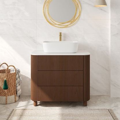 32" Fluted Freestanding Bathroom Vanity with Vessel Sink, 3-Drawers, Sintered Stone top