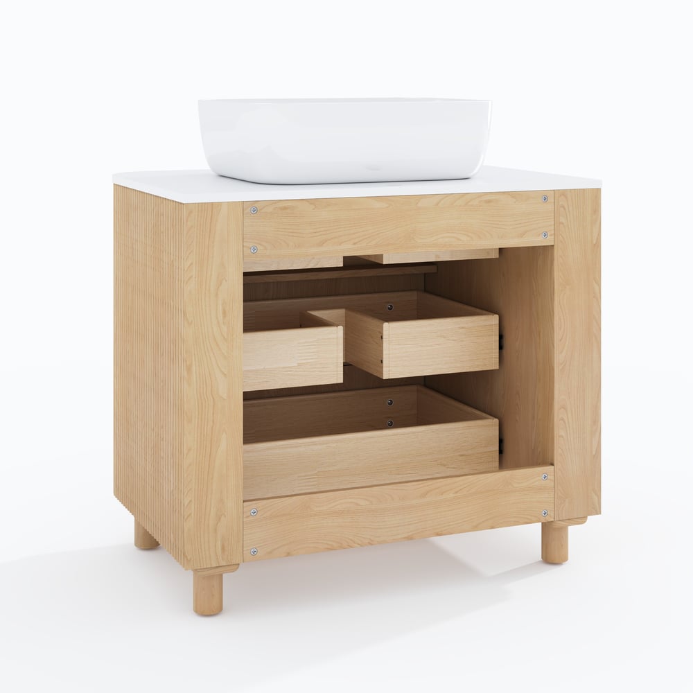32" Fluted Freestanding Bathroom Vanity with Vessel Sink, 3-Drawers, Sintered Stone top