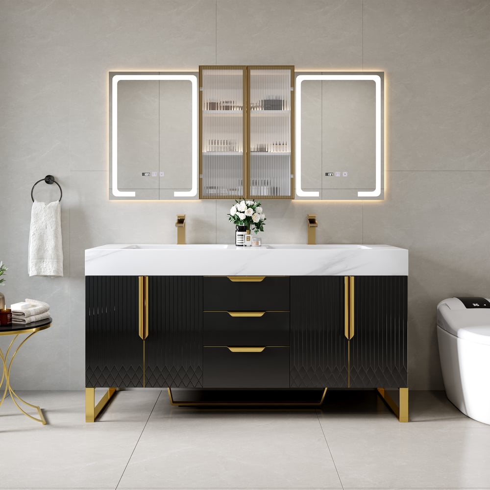 59" Double Sink Freestanding Vanity Set with LED Medicine Cabinet , Storage