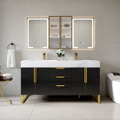59" Double Sink Freestanding Vanity Set with LED Medicine Cabinet , Storage