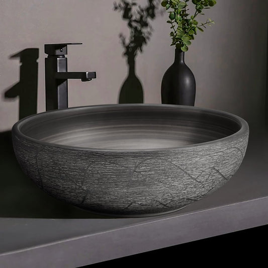 16" Grey Round Ceramic Bathroom Sink – Matte Glazed Vessel Sink