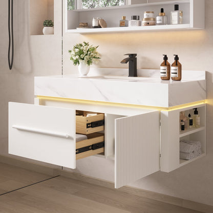 39.4" Wall-Mounted Bathroom Vanity with Sintered Stone Top, LED Sensor Light