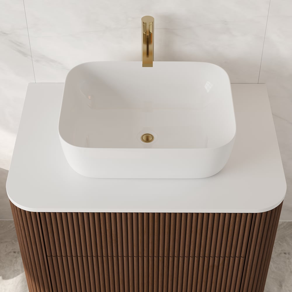 32" Fluted Freestanding Bathroom Vanity with Vessel Sink, 3-Drawers, Sintered Stone top