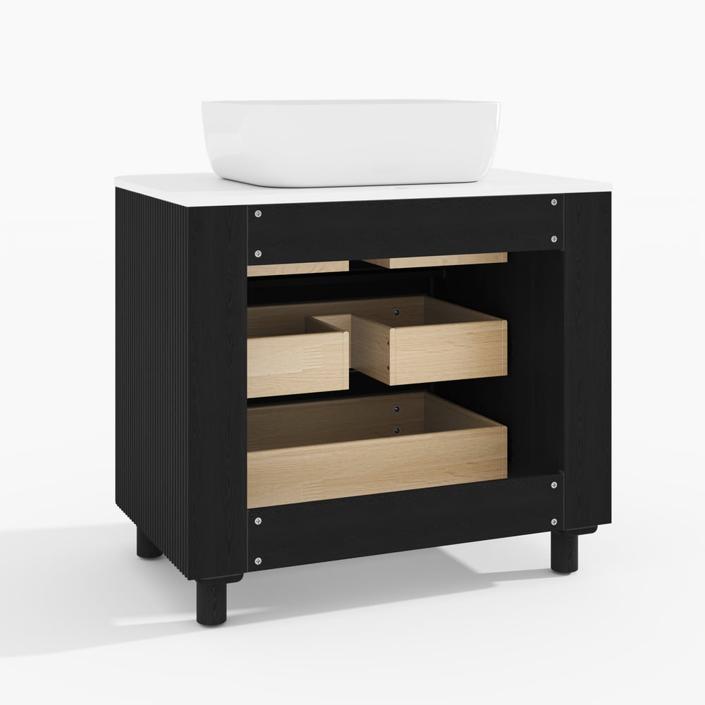 32" Fluted Freestanding Bathroom Vanity with Vessel Sink, 3-Drawers, Sintered Stone top