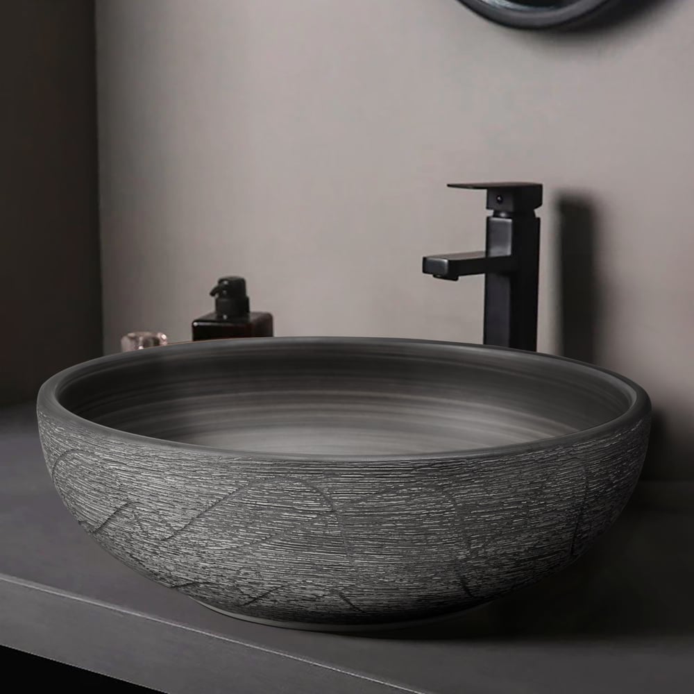 16" Grey Round Ceramic Bathroom Sink – Matte Glazed Vessel Sink