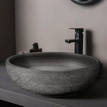 16" Grey Round Ceramic Bathroom Sink – Matte Glazed Vessel Sink