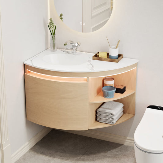 Modern 36" Corner Floating Single Bathroom Vanity with Sink, LED Light, Storage