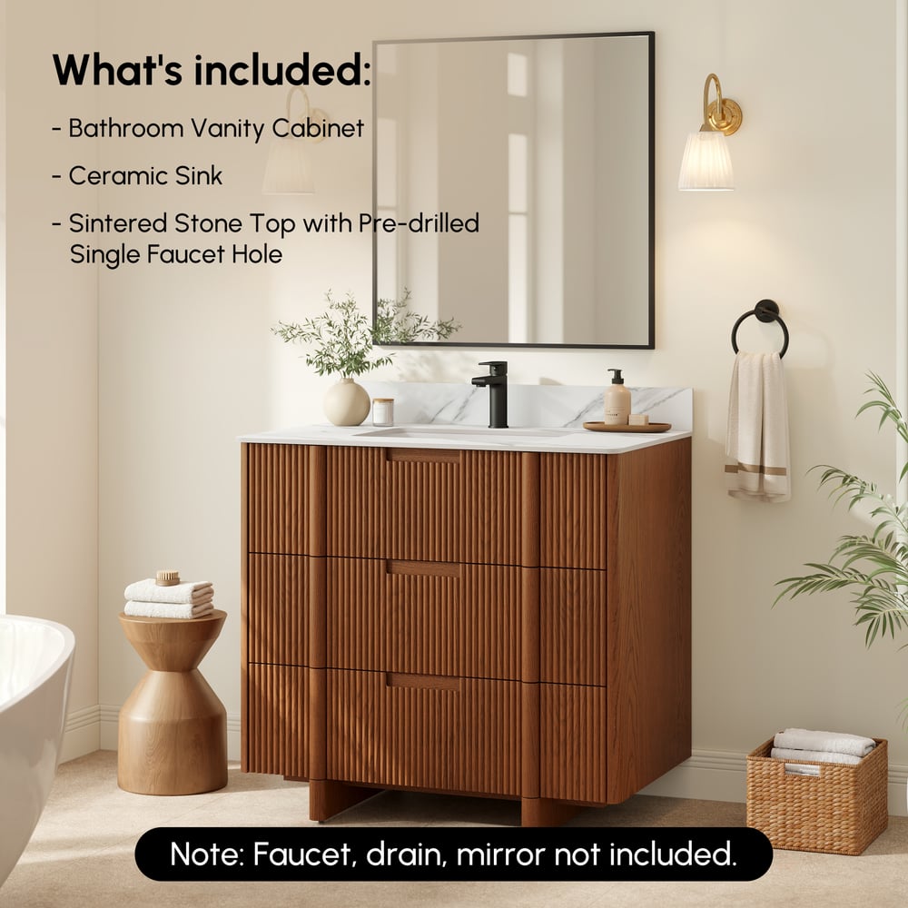 36" Fluted Single Bathroom Vanity with Sink and Sintered Stone Top