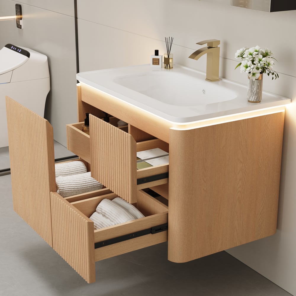 Modern  32" Floating Bathroom Vanity  with Sink, LED Light, Ample Storage