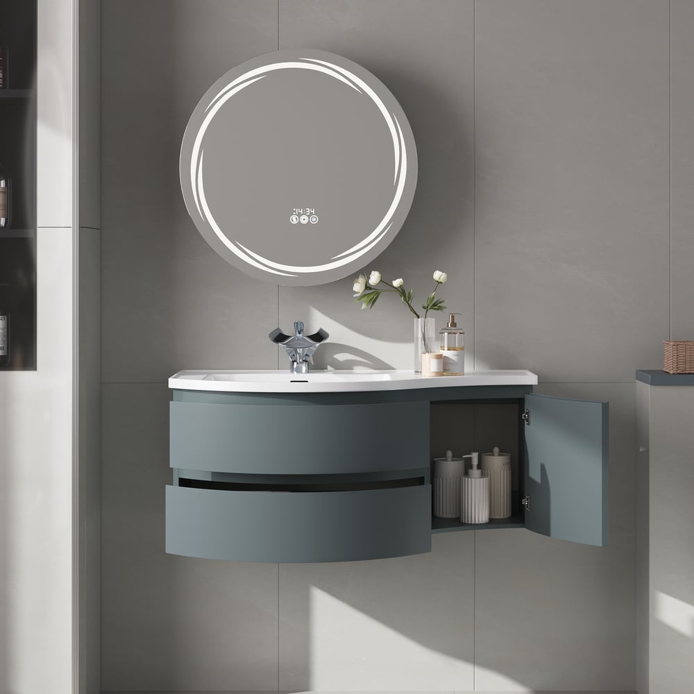 Floating Curved Bathroom Vanity & Round LED Medicine Cabinet Set Left Offset