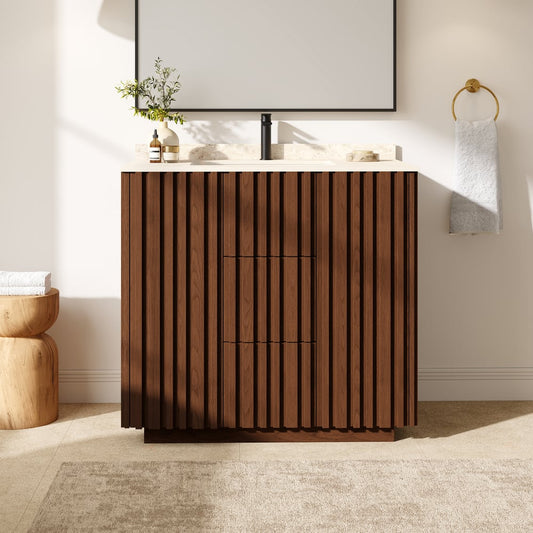 Aura 36"  Fluted Freestanding Bathroom Vanity with Sink and Light