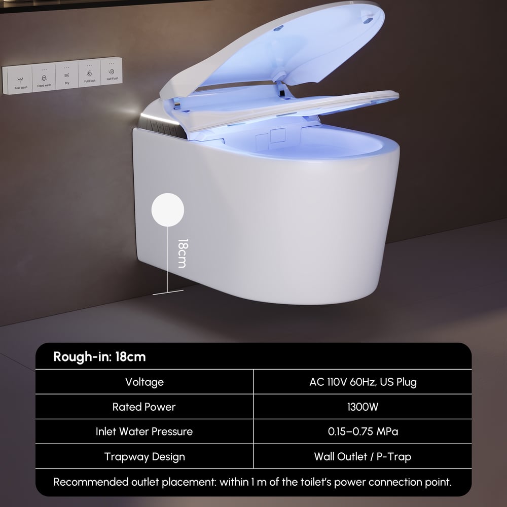 Fitro H3 Wall-Mounted Smart Bidet Toilet with Built-In Tank, Foam Shield, cUPC & ETL