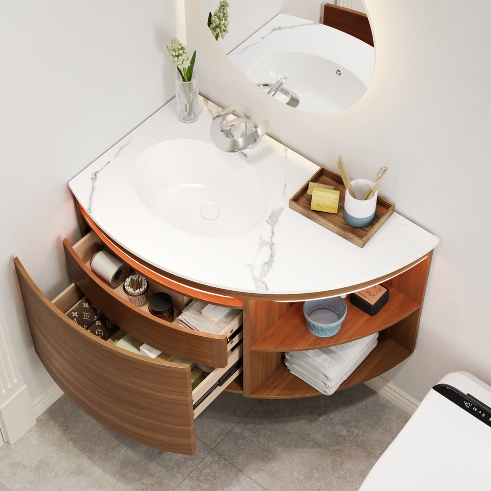 Modern 36" Corner Floating Single Bathroom Vanity with Sink, LED Light, Storage