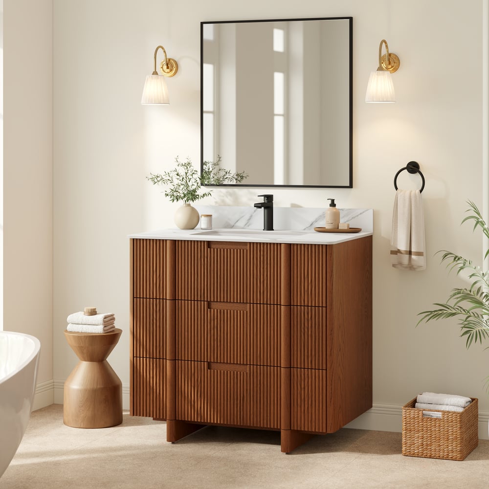 36" Fluted Single Bathroom Vanity with Sink and Sintered Stone Top