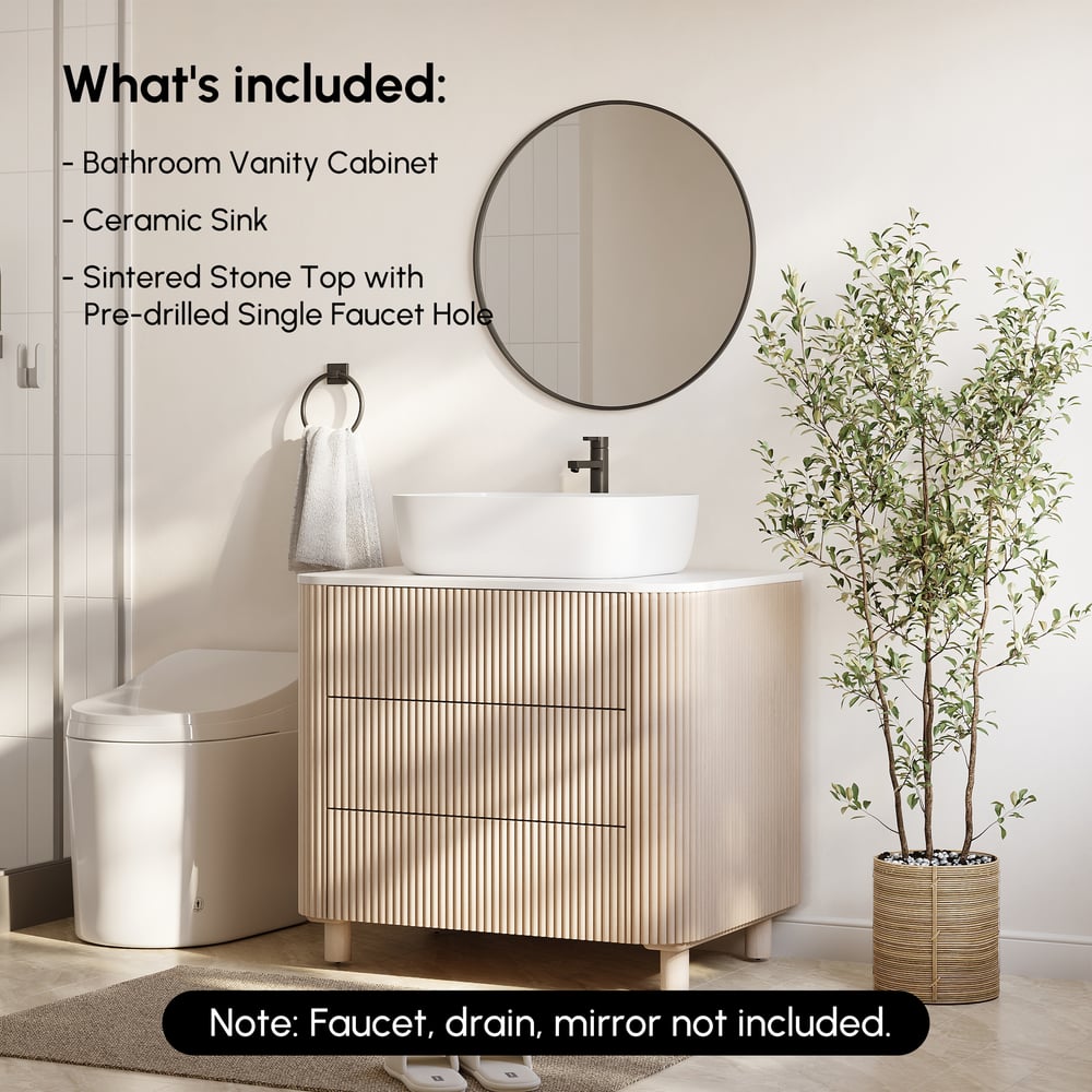 32" Fluted Freestanding Bathroom Vanity with Vessel Sink, 3-Drawers, Sintered Stone top