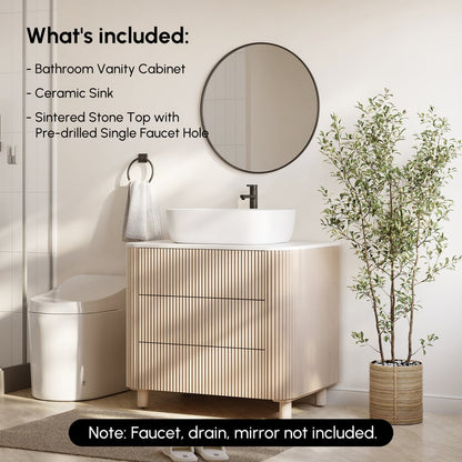 32" Fluted Freestanding Bathroom Vanity with Vessel Sink, 3-Drawers, Sintered Stone top