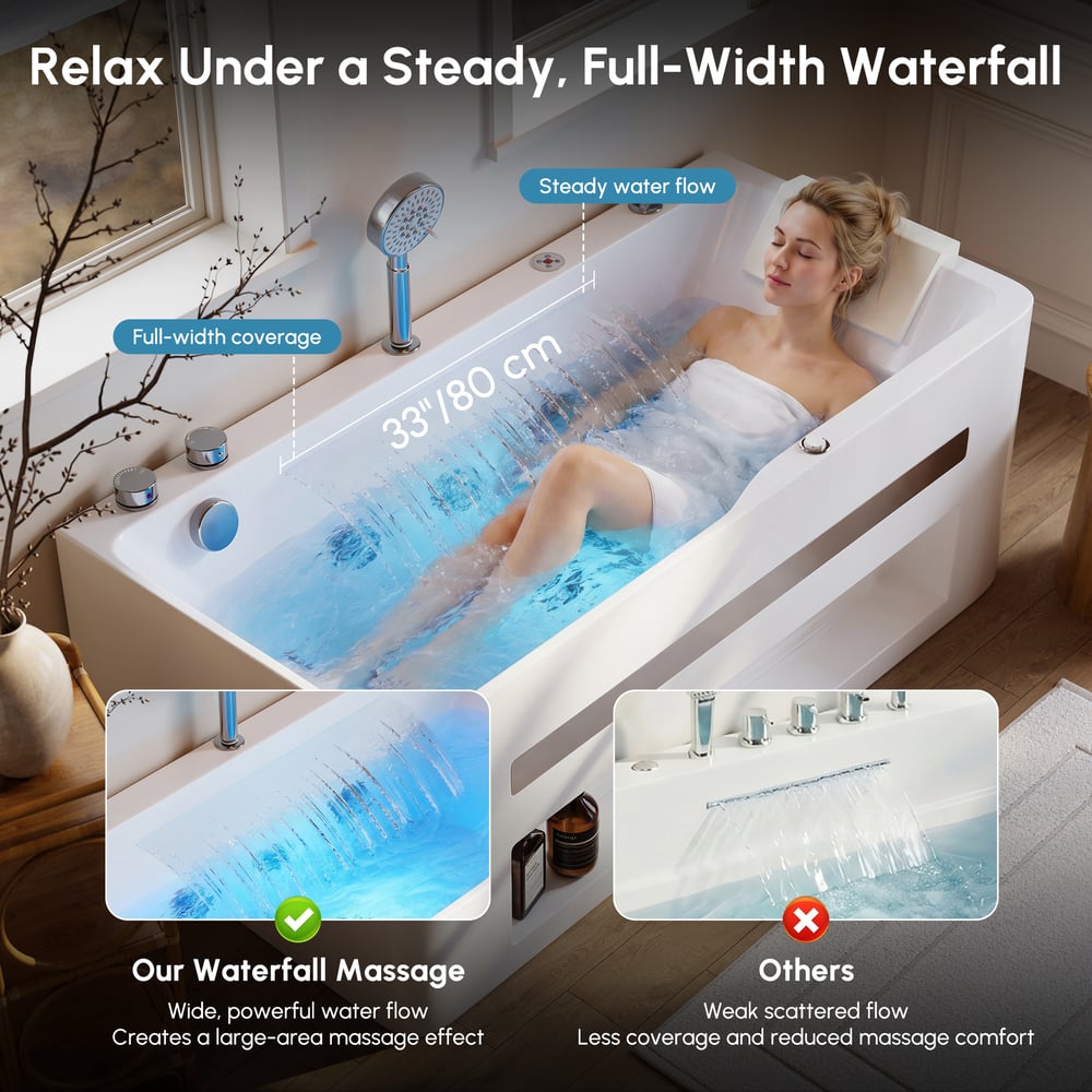 59" Whirlpool Bathtub with Thermostatic Control & Massage Jets & LED Lighting