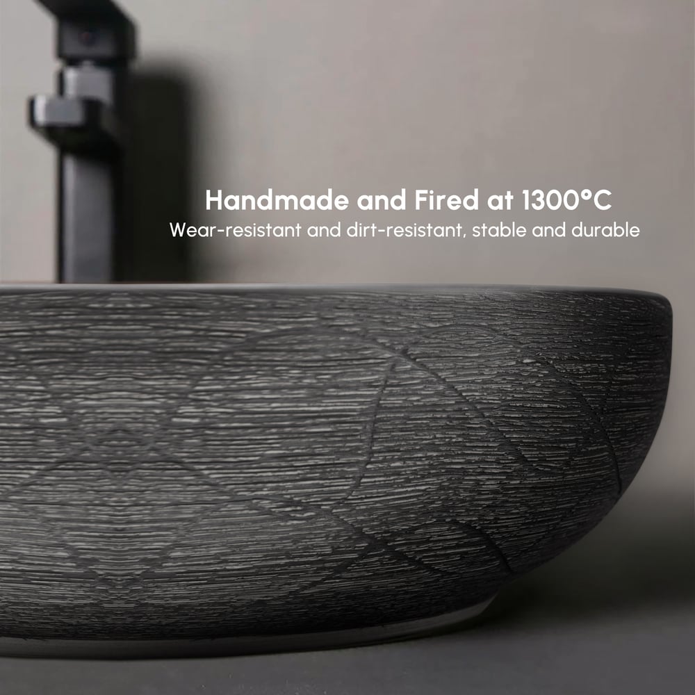 16" Grey Round Ceramic Bathroom Sink – Matte Glazed Vessel Sink