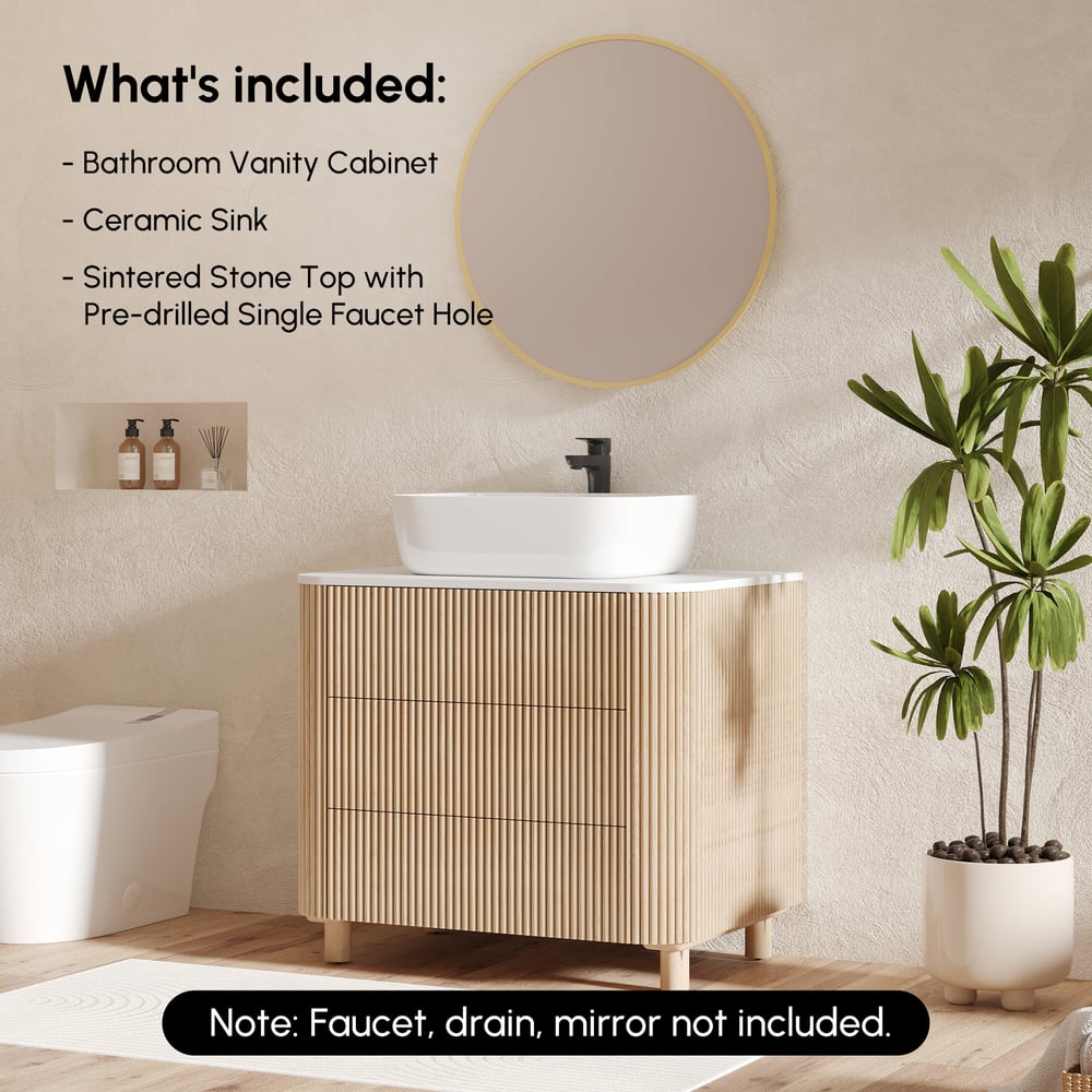 32" Fluted Freestanding Bathroom Vanity with Vessel Sink, 3-Drawers, Sintered Stone top