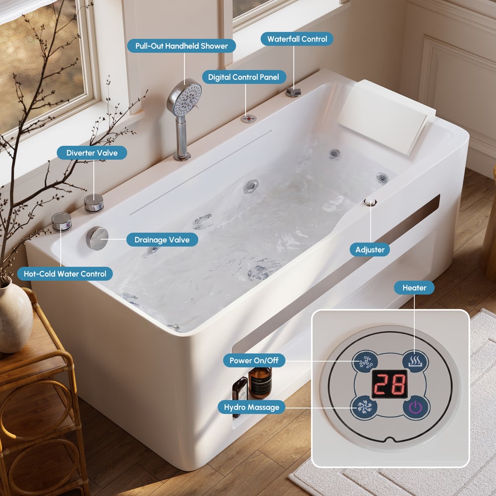 59" Whirlpool Bathtub with Thermostatic Control & Massage Jets & LED Lighting