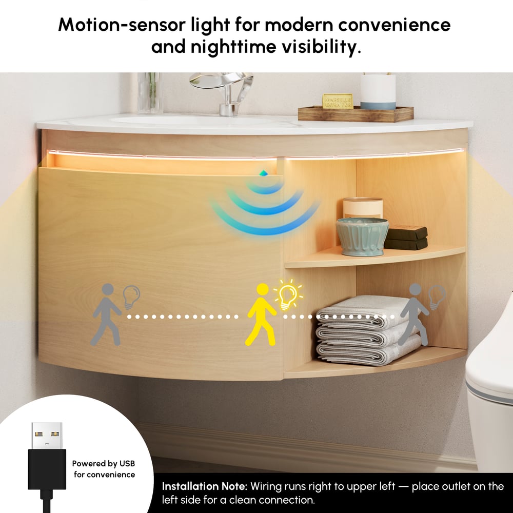 Modern 36" Corner Floating Single Bathroom Vanity with Sink, LED Light, Storage