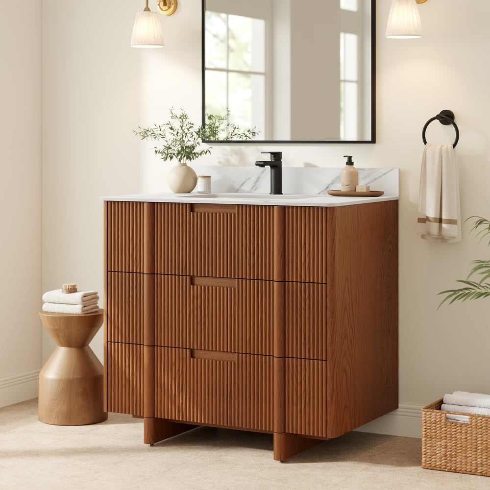 36" Fluted Single Bathroom Vanity with Sink and Sintered Stone Top