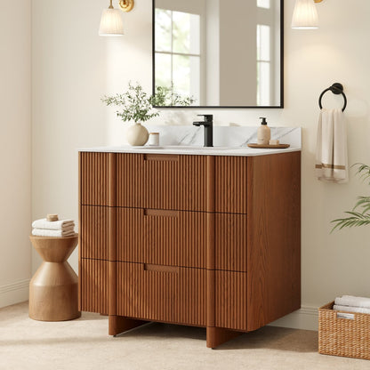 36" Fluted Single Bathroom Vanity with Sink and Sintered Stone Top