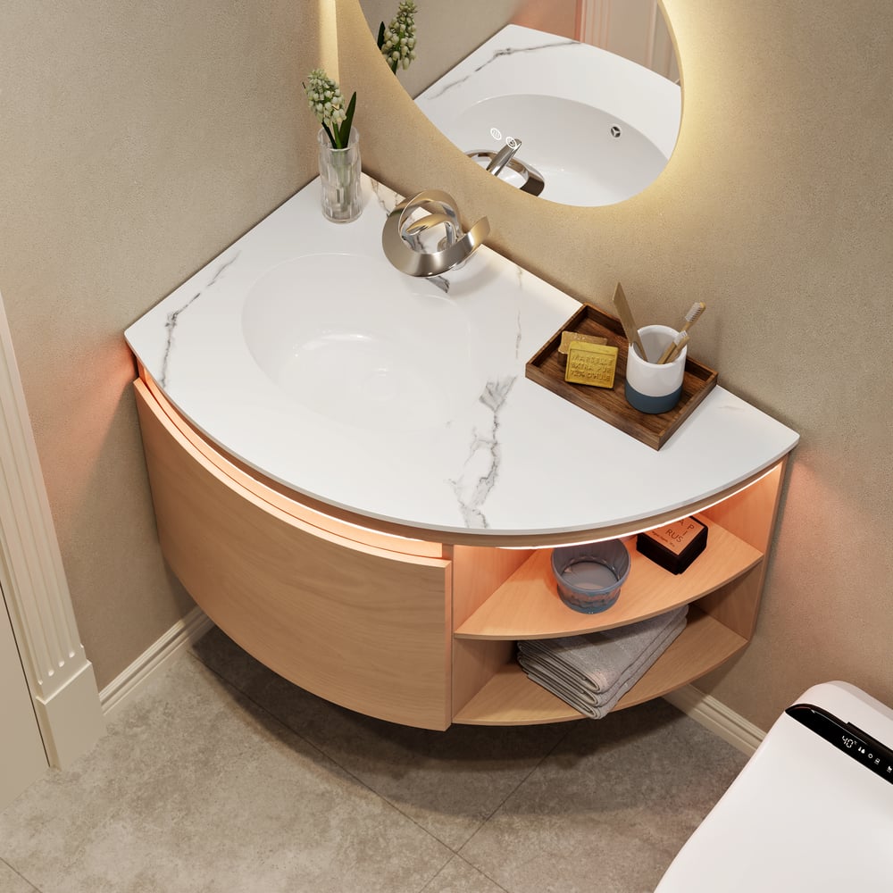 Modern 36" Corner Floating Single Bathroom Vanity with Sink, LED Light, Storage